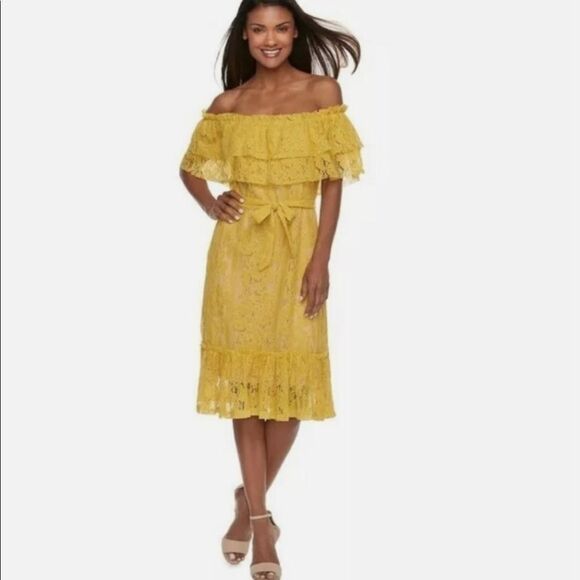 Sharagano off the shoulder lace yellow Dress size S - Picture 1 of 5